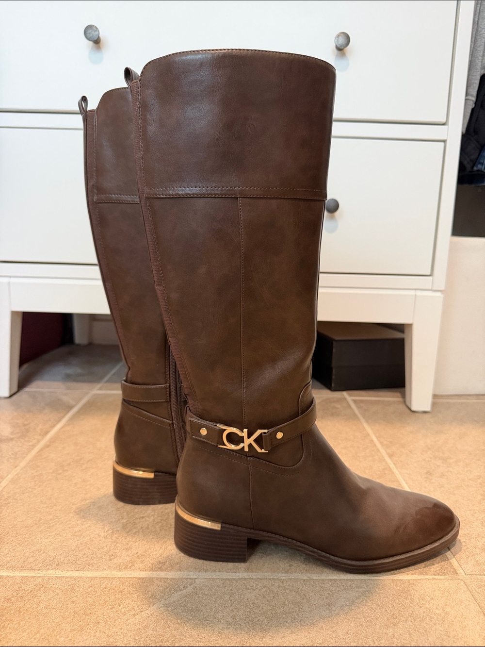 Calvin Klein Dark Brown Tall Leather-Style Riding Boots with Gold CK Accent